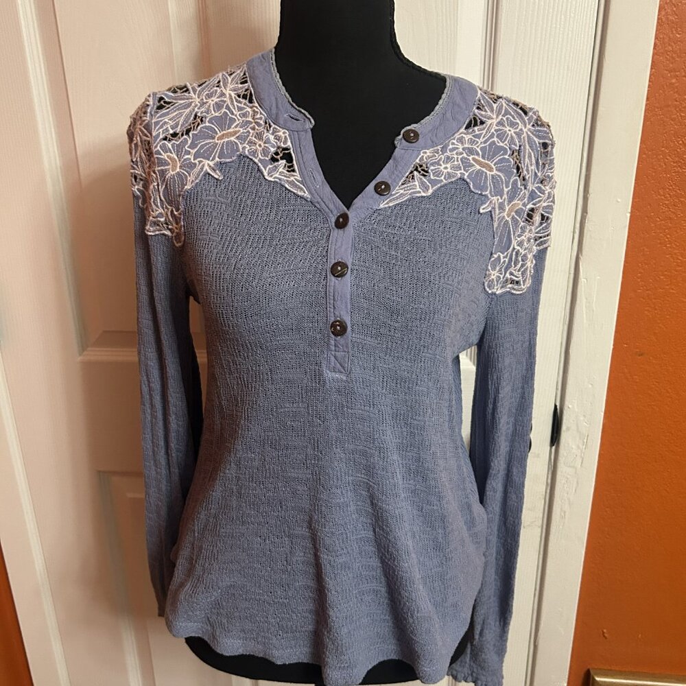 Free People Easy Breezy Just Dusk Appliqué Lace Henley Shirt - Picture 2 of 5